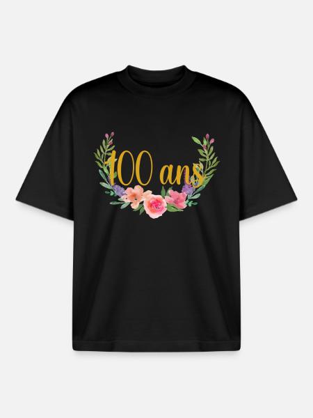 Anniversaire fleurs 100 ans - T-shirt unisexe boxy épais biologique Stanley/Stella - noir