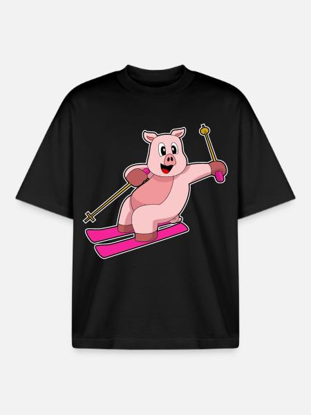 Pig Skier Ski - T-shirt unisexe boxy épais biologique Stanley/Stella - noir
