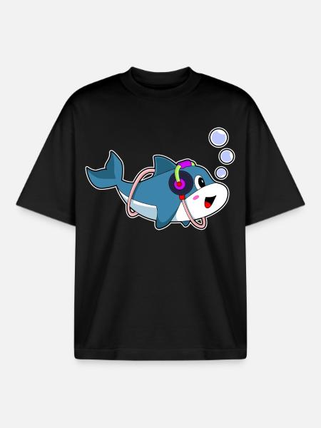 Dolphin Headphones Music - Boxy Heavyweight Unisex Organic T-Shirt by Stanley/Stella - black