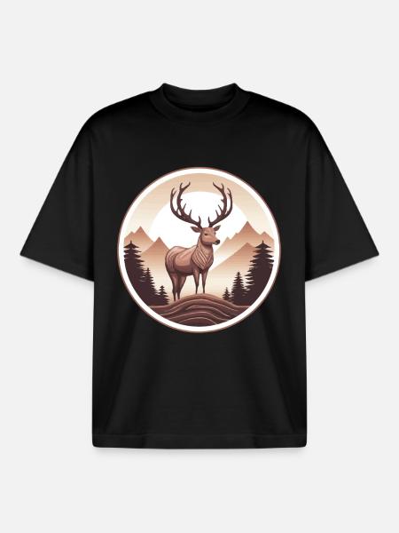 Deer Forest and Mountains - Boxy Heavyweight Unisex Organic T-Shirt by Stanley/Stella - black