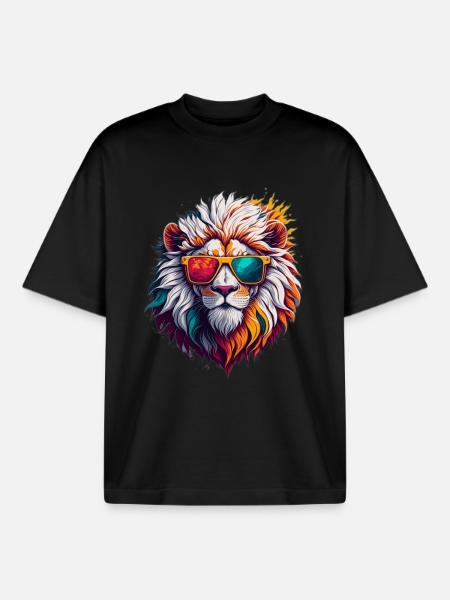 Neon Sunglass Lion - Boxy Heavyweight Unisex Organic T-Shirt by Stanley/Stella - black