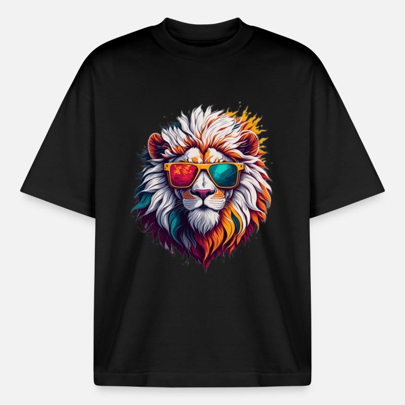 Lion à lunettes de soleil néon - T-shirt unisexe boxy épais biologique Stanley/Stella - noir