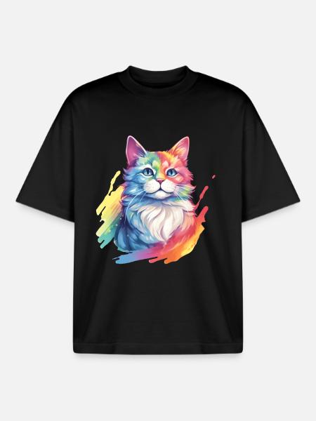 Rainbow Cat – Malerische Regenbogen-Katze - Boxy Heavyweight Unisex Organic T-Shirt von Stanley/Stella - Schwarz
