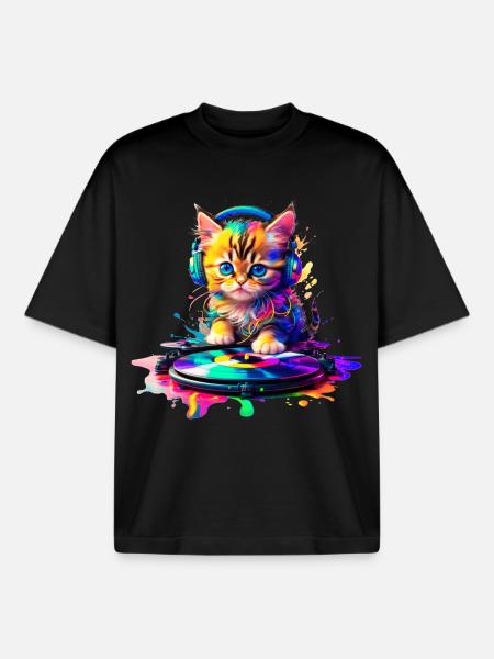 DJ Kitty – Rainbow 2 - Boxy Heavyweight Unisex Organic T-Shirt by Stanley/Stella - black
