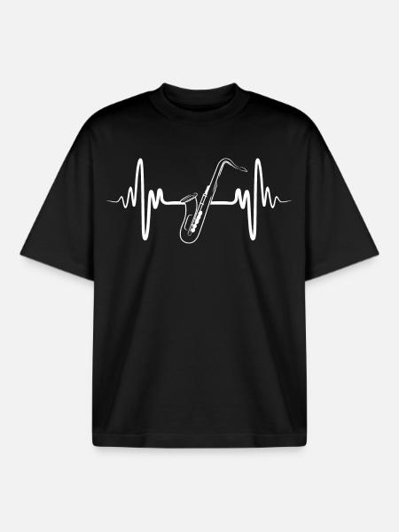 Saxophone Heartbeat ECG - Boxy Heavyweight Unisex Organic T-Shirt by Stanley/Stella - black