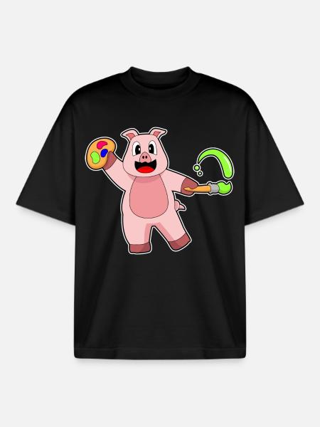 Pig Painter Brush Painting - Boxy Heavyweight Unisex Organic T-Shirt by Stanley/Stella - black