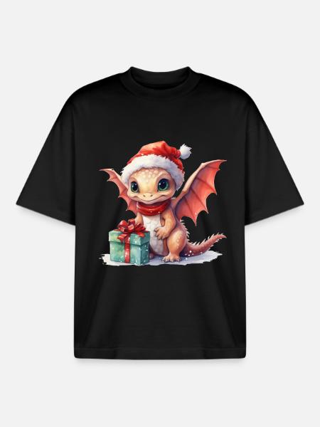 Christmas dragon with gift - Boxy Heavyweight Unisex Organic T-Shirt by Stanley/Stella - black