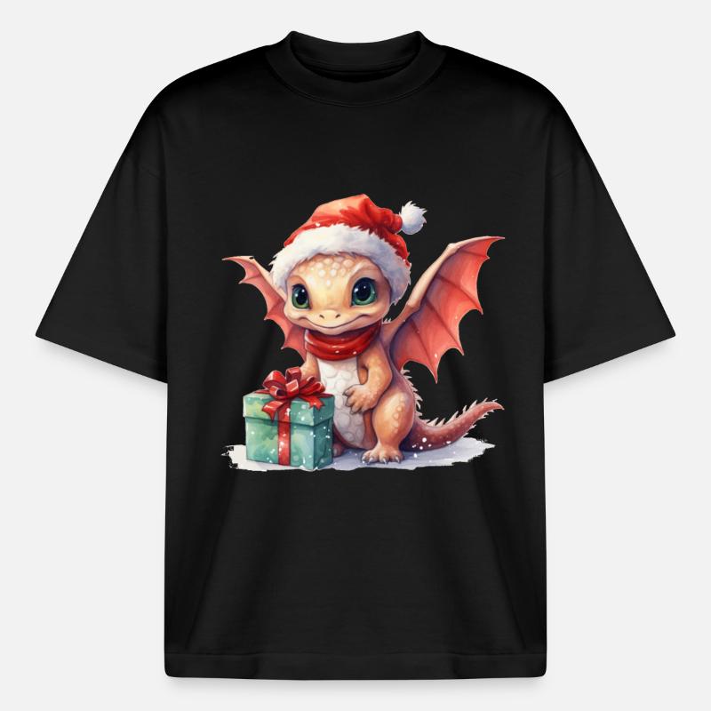 Weihnachtsdrache mit Geschenk - Boxy Heavyweight Unisex Organic T-Shirt von Stanley/Stella - Schwarz
