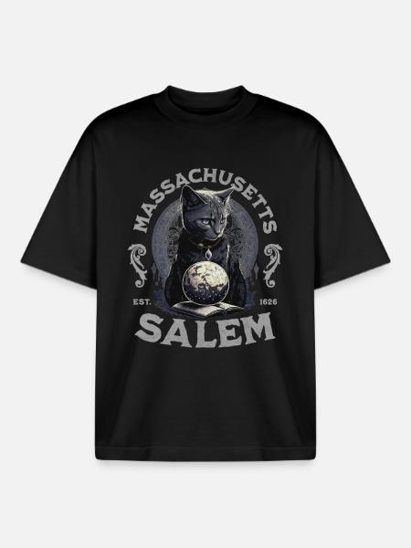 Salem Massachusetts Wizard Cat - Boxy Heavyweight Unisex Organic T-Shirt by Stanley/Stella - black