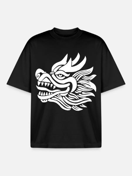 Chinese Dragon Head (White) - Boxy Heavyweight Unisex Organic T-Shirt by Stanley/Stella - black
