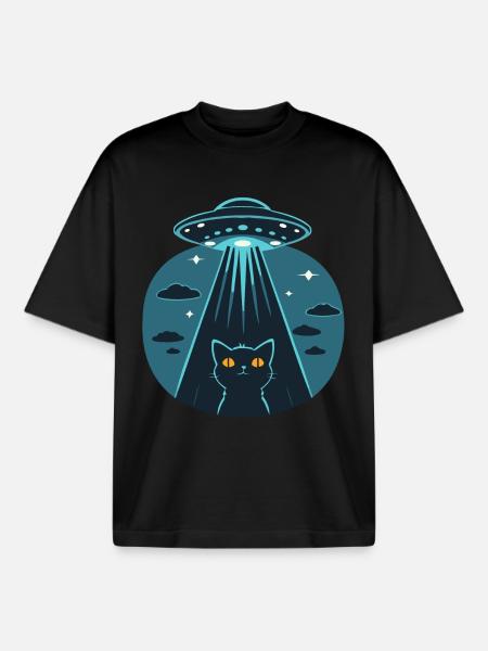 Funny UFO, Alien, Cat - Boxy Heavyweight Unisex Organic T-Shirt by Stanley/Stella - black