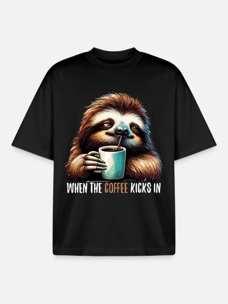 Sloth Coffee Kicks Gift - Boxy Heavyweight Unisex Organic T-Shirt by Stanley/Stella - black
