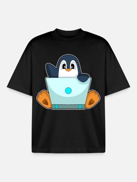 Penguin Laptop - Boxy Heavyweight Unisex Organic T-Shirt by Stanley/Stella - black