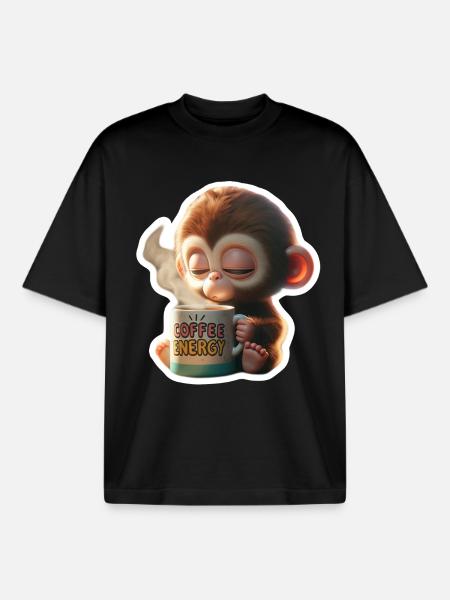 Coffee Energy Monkey Illustration - Boxy Heavyweight Unisex Organic T-Shirt by Stanley/Stella - black