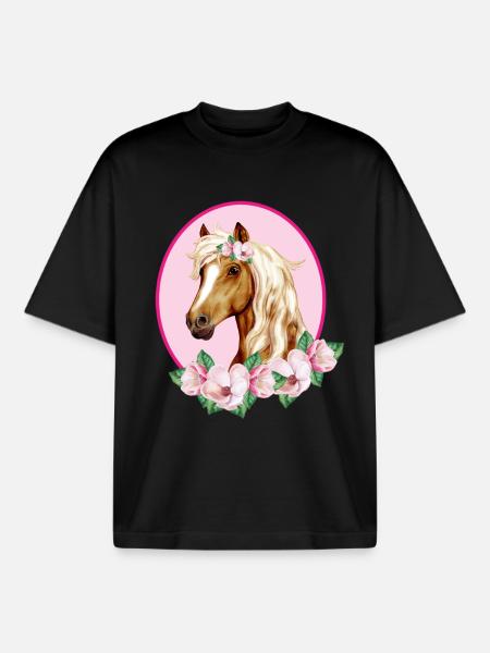 Romantisches braunes Pferd - Blüten rosa - Boxy Heavyweight Unisex Organic T-Shirt von Stanley/Stella - Schwarz