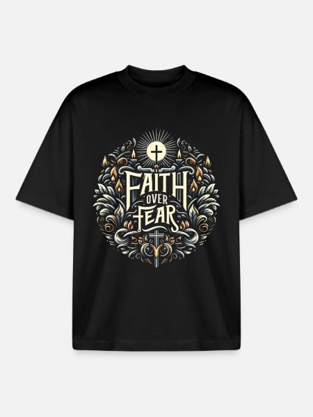 Faith Over Fear Ornament - Boxy Heavyweight Unisex Organic T-Shirt by Stanley/Stella - black