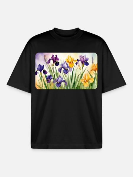 Iris Romantiques - Aquarelles - T-shirt unisexe boxy épais biologique Stanley/Stella - noir