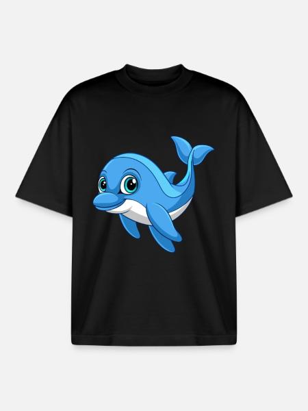 Dolphin Cute Mascot Cartoon Character Kawaii - Boxy Heavyweight Unisex Organic T-Shirt by Stanley/Stella - black
