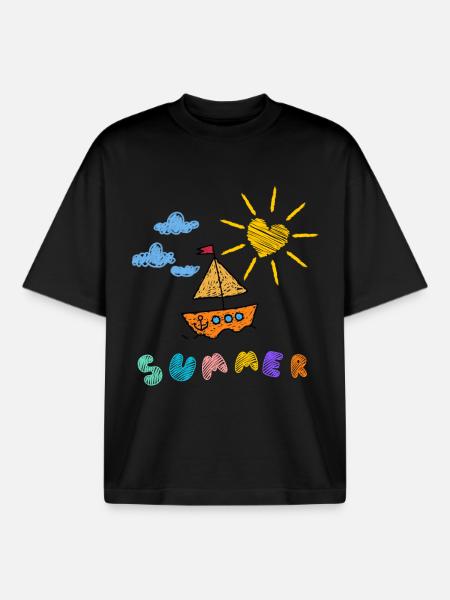 Sommerboot Kinderkunst Stil - Boxy Heavyweight Unisex Organic T-Shirt von Stanley/Stella - Schwarz