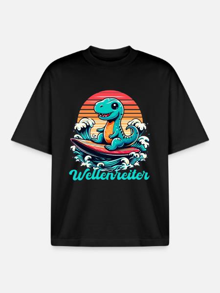Cute T-Rex Surfer Surfing Gift - Boxy Heavyweight Unisex Organic T-Shirt by Stanley/Stella - black