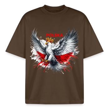 Poland Polska Polish Red White Eagle Crown Gift - Boxy Heavyweight Unisex Organic T-Shirt by Stanley/Stella - mocha - Front - AI Model Male 185 light (185cm) & AI Model Female 172 dark (172cm)