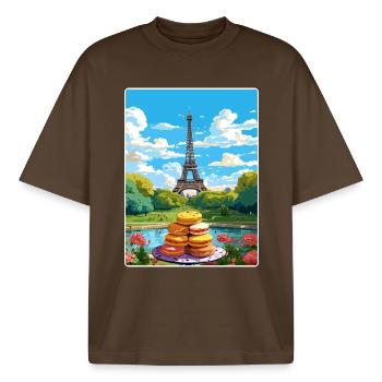 Paris France Affiche de voyage Souvenir Carte Postale Peinture - T-shirt unisexe boxy épais biologique Stanley/Stella - marron foncé - Devant - AI Model Male 185 light (185cm) & AI Model Female 172 dark (172cm)