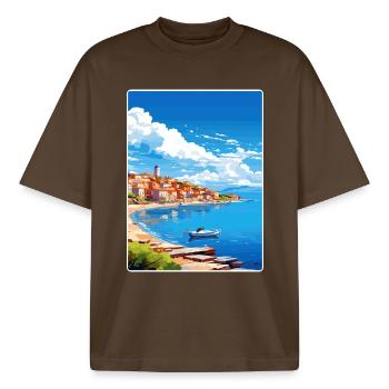 Peloponnese Travel Poster Souvenir Postcard Paint - Boxy Heavyweight Unisex Organic T-Shirt by Stanley/Stella - mocha - Front - AI Model Male 185 light (185cm) & AI Model Female 172 dark (172cm)