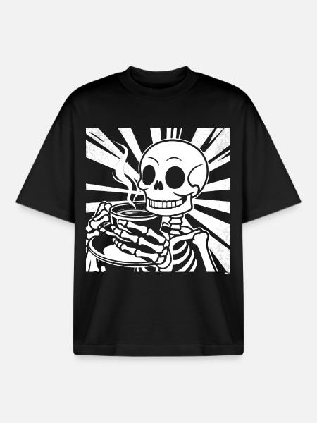 Skeleton drinking coffee - Boxy Heavyweight Unisex Organic T-Shirt by Stanley/Stella - black