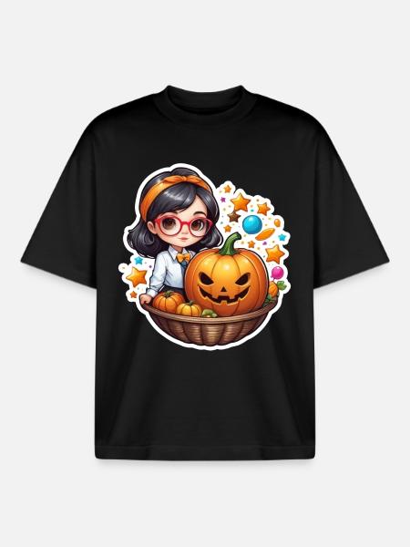 Filles Halloween Citrouille Panier - T-shirt unisexe boxy épais biologique Stanley/Stella - noir