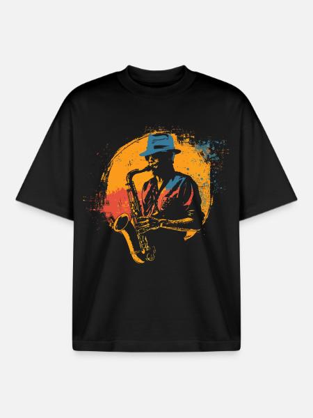 Graphisme Saxophoniste - T-shirt unisexe boxy épais biologique Stanley/Stella - noir