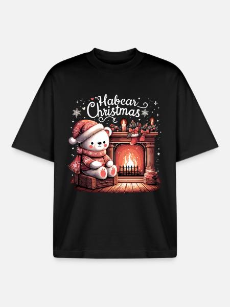 Polar Bear Christmas Fireplace Gift - Boxy Heavyweight Unisex Organic T-Shirt by Stanley/Stella - black