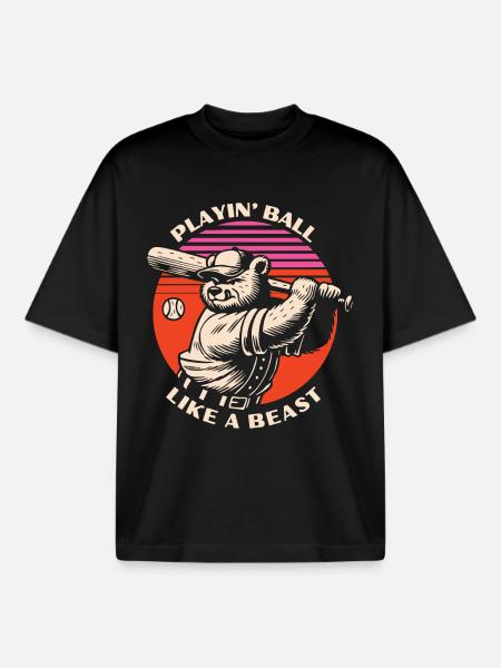 Baseball Beast Bear - Boxy Heavyweight Unisex Organic T-Shirt by Stanley/Stella - black