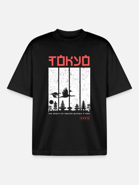 Tokyo – Japanese landscape with cranes - Boxy Heavyweight Unisex Organic T-Shirt by Stanley/Stella - black