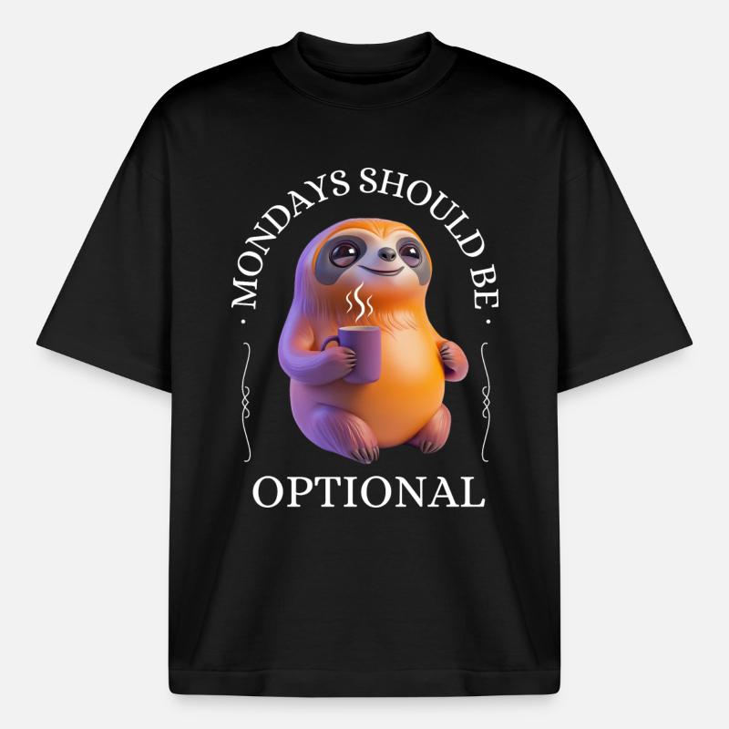 Monday grouch – coffee-drinking sloth - Boxy Heavyweight Unisex Organic T-Shirt by Stanley/Stella - black