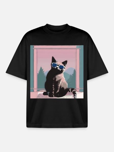 Cat in retro summer look - Boxy Heavyweight Unisex Organic T-Shirt by Stanley/Stella - black