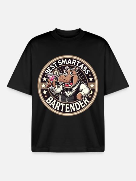 Bartender Barman Hippopotamus Hippopotamus Gift - Boxy Heavyweight Unisex Organic T-Shirt by Stanley/Stella - black