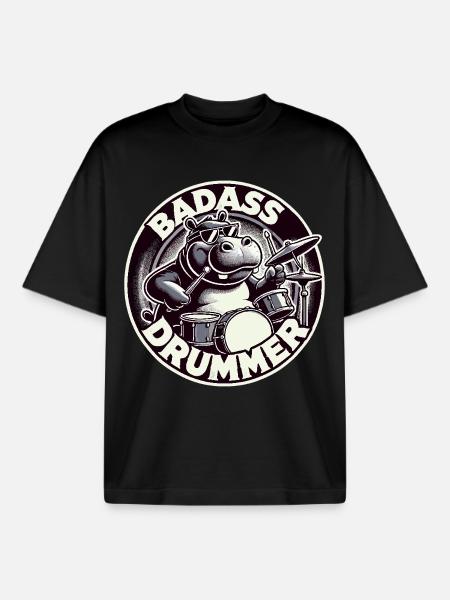 Badass Drummer Hippo Cool Gift - Boxy Heavyweight Unisex Organic T-Shirt by Stanley/Stella - black