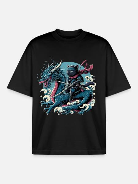 Ninja Cat Dragon Ninjato Gift - Boxy Heavyweight Unisex Organic T-Shirt by Stanley/Stella - black