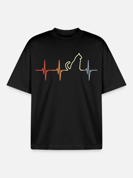 Cat Heartbeat Retro Look - Boxy Heavyweight Unisex Organic T-Shirt by Stanley/Stella - black