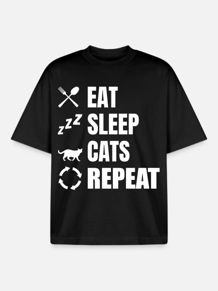 Eat Sleep Cats Repeat - Boxy Heavyweight Unisex Organic T-Shirt by Stanley/Stella - black