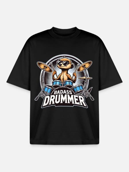 Badass drummer meerkat cool gift - Boxy Heavyweight Unisex Organic T-Shirt by Stanley/Stella - black
