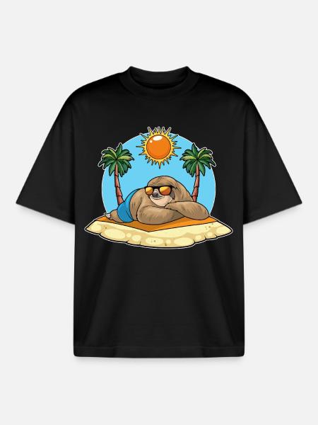 Sloth Beach Palm Trees Summer - Boxy Heavyweight Unisex Organic T-Shirt by Stanley/Stella - black