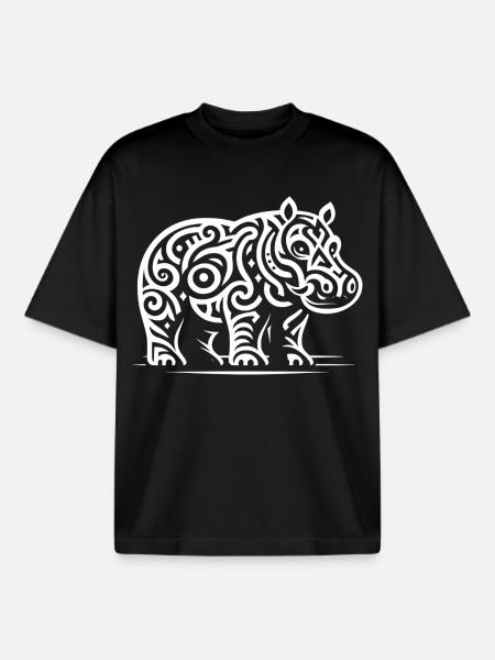 Hippopotame tribal - T-shirt unisexe boxy épais biologique Stanley/Stella - noir
