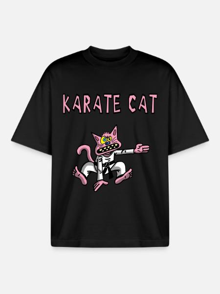 Karaté et chat rose - T-shirt unisexe boxy épais biologique Stanley/Stella - noir
