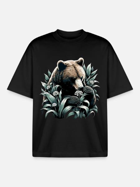 Bear Eats Wild Garlic Gift - Boxy Heavyweight Unisex Organic T-Shirt by Stanley/Stella - black