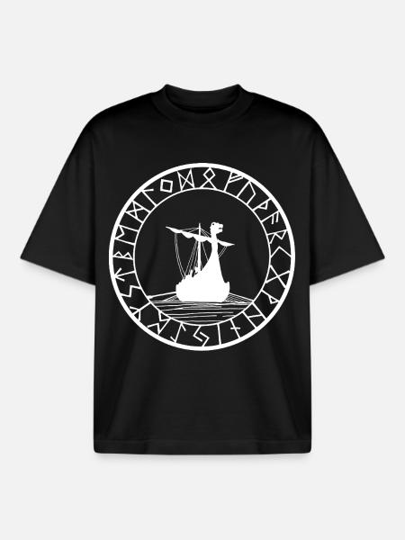 White Viking Longship and Compass - Boxy Heavyweight Unisex Organic T-Shirt by Stanley/Stella - black