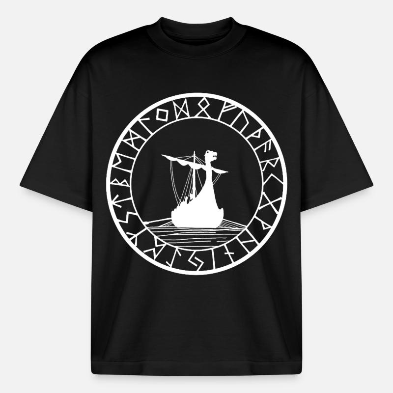 White Viking Longship and Compass - Boxy Heavyweight Unisex Organic T-Shirt by Stanley/Stella - black
