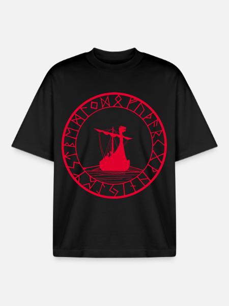Rotes Wikinger-Langschiff und Kompass - Boxy Heavyweight Unisex Organic T-Shirt von Stanley/Stella - Schwarz