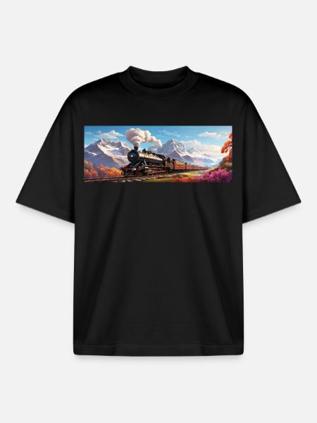 Nostalgic Railway Train with Steam Locomotive - Boxy Heavyweight Unisex Organic T-Shirt by Stanley/Stella - black