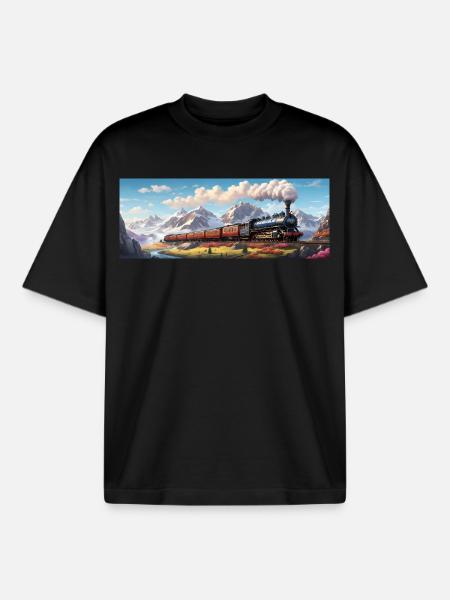 Nostalgic Railway Train with Steam Locomotive - Boxy Heavyweight Unisex Organic T-Shirt by Stanley/Stella - black
